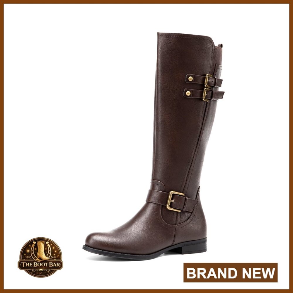 Knee High Motorcycle Boots Chunky Heel Buckle Flat Comfortable Riding Style